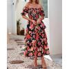 imageBTFBM Womens Square Neck Smocked Dress Summer Puff Short Sleeve Floral Casual Ruffle Tiered Maxi Wedding Guest DressesFloral Black Orange