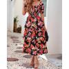 imageBTFBM Womens Square Neck Smocked Dress Summer Puff Short Sleeve Floral Casual Ruffle Tiered Maxi Wedding Guest DressesFloral Black Orange
