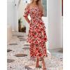 imageBTFBM Womens Square Neck Smocked Dress Summer Puff Short Sleeve Floral Casual Ruffle Tiered Maxi Wedding Guest DressesFloral Orange Pink Red
