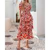 imageBTFBM Womens Square Neck Smocked Dress Summer Puff Short Sleeve Floral Casual Ruffle Tiered Maxi Wedding Guest DressesFloral Orange Pink Red
