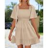 imageBTFBM Womens Summer Smocked Mini Dress Square Neck Flutter Sleeve Casual Ruffle Flared Swing Boho Beach Dresses PocketsKhaki