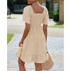imageBTFBM Womens Summer Smocked Mini Dress Square Neck Flutter Sleeve Casual Ruffle Flared Swing Boho Beach Dresses PocketsKhaki