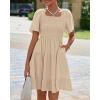imageBTFBM Womens Summer Smocked Mini Dress Square Neck Flutter Sleeve Casual Ruffle Flared Swing Boho Beach Dresses PocketsKhaki