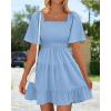 imageBTFBM Womens Summer Smocked Mini Dress Square Neck Flutter Sleeve Casual Ruffle Flared Swing Boho Beach Dresses PocketsLight Blue
