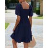 imageBTFBM Womens Summer Smocked Mini Dress Square Neck Flutter Sleeve Casual Ruffle Flared Swing Boho Beach Dresses PocketsNavy