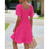 imageBTFBM Womens Summer Smocked Mini Dress Square Neck Flutter Sleeve Casual Ruffle Flared Swing Boho Beach Dresses PocketsRose Red