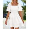 imageBTFBM Womens Summer Smocked Mini Dress Square Neck Flutter Sleeve Casual Ruffle Flared Swing Boho Beach Dresses PocketsWhite