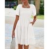 imageBTFBM Womens Summer Smocked Mini Dress Square Neck Flutter Sleeve Casual Ruffle Flared Swing Boho Beach Dresses PocketsWhite