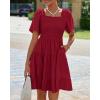 imageBTFBM Womens Summer Smocked Mini Dress Square Neck Flutter Sleeve Casual Ruffle Flared Swing Boho Beach Dresses PocketsWine Red