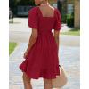 imageBTFBM Womens Summer Smocked Mini Dress Square Neck Flutter Sleeve Casual Ruffle Flared Swing Boho Beach Dresses PocketsWine Red