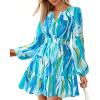 imageBTFBM Fall Dresses for Women 2025 V Neck Long Sleeve Elastic Waist Boho Beach Vacation Clothes Floral Mini Summer DressFloral Blue Green