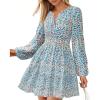 imageBTFBM Fall Dresses for Women 2025 V Neck Long Sleeve Elastic Waist Boho Beach Vacation Clothes Floral Mini Summer DressFloral Blue White