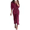 imageBTFBM Maxi Dresses for Women Fall 2025 Long Sleeve Lapel Neck Button Down Elegant Satin Belted Ruched Summer Shirt DressPurple Red