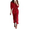 imageBTFBM Maxi Dresses for Women Fall 2025 Long Sleeve Lapel Neck Button Down Elegant Satin Belted Ruched Summer Shirt DressRed