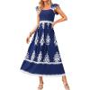 imageBTFBM Summer Dresses for Women 2025 Floral Smocked Boho Sleeveless Square Neck A Line Casual Beach Maxi Dress PocketsDark Blue
