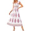 imageBTFBM Summer Dresses for Women 2025 Floral Smocked Boho Sleeveless Square Neck A Line Casual Beach Maxi Dress PocketsWhite Rose Red