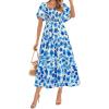 imageBTFBM Summer Floral Dress for Women 2025 Spring Boho Short Sleeve Square Neck Smocked Flowy Maxi Beach Vacation DressesFloral White Blue