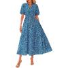 imageBTFBM Women Summer Floral Midi Dresses Casual Boho Puff Short Sleeve V Neck Button Belt Flowy Maxi Beach Vacation DressPrint Aqua Green Blue