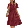 imageBTFBM Womens Casual Dresses 2025 Summer Spring V Neck Short Sleeve Sundress Smocked Waist A Line Tiered Mini DressWine Red