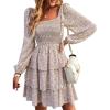 imageBTFBM Womens Long Sleeve Dress Vacation Square Neck Smocked Floral Swiss Dot Mini Boho Fall Wedding Guest Dresses 2025Floral White Red