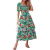 imageBTFBM Womens Square Neck Smocked Dress Summer Puff Short Sleeve Floral Casual Ruffle Tiered Maxi Wedding Guest DressesFloral Green Orange
