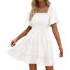 imageBTFBM Womens Summer Smocked Mini Dress Square Neck Flutter Sleeve Casual Ruffle Flared Swing Boho Beach Dresses PocketsWhite