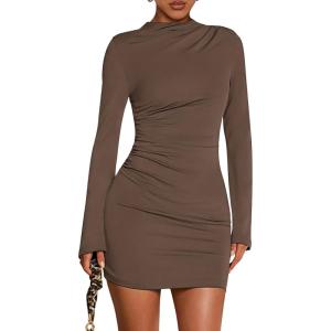 imageBTFBM Cocktail Dresses for Women 2025 Fall Fashion Bodycon Bell Long Sleeve Mock Neck Party Club Going Out Mini DressBrown