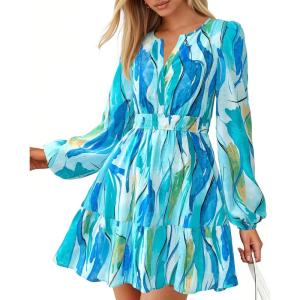 imageBTFBM Fall Dresses for Women 2025 V Neck Long Sleeve Elastic Waist Boho Beach Vacation Clothes Floral Mini Summer DressFloral Blue Green