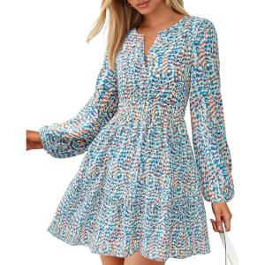 imageBTFBM Fall Dresses for Women 2025 V Neck Long Sleeve Elastic Waist Boho Beach Vacation Clothes Floral Mini Summer DressFloral Blue White