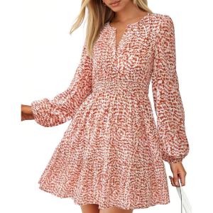 imageBTFBM Fall Dresses for Women 2025 V Neck Long Sleeve Elastic Waist Boho Beach Vacation Clothes Floral Mini Summer DressFloral Orange