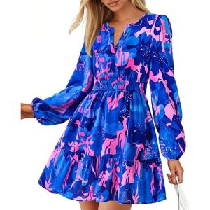 imageBTFBM Fall Dresses for Women 2025 V Neck Long Sleeve Elastic Waist Boho Beach Vacation Clothes Floral Mini Summer DressFlower Blue Pink