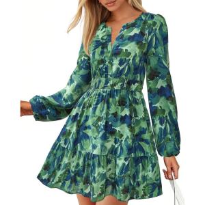 imageBTFBM Fall Dresses for Women 2025 V Neck Long Sleeve Elastic Waist Boho Beach Vacation Clothes Floral Mini Summer DressFlower Green