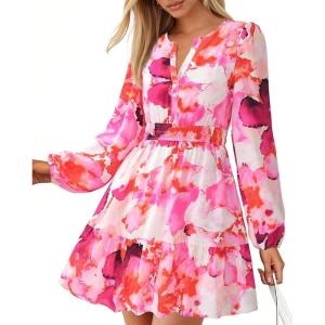 imageBTFBM Fall Dresses for Women 2025 V Neck Long Sleeve Elastic Waist Boho Beach Vacation Clothes Floral Mini Summer DressRed