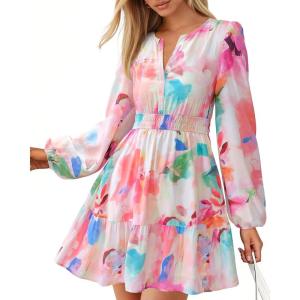 imageBTFBM Fall Dresses for Women 2025 V Neck Long Sleeve Elastic Waist Boho Beach Vacation Clothes Floral Mini Summer DressWatercolour Pink