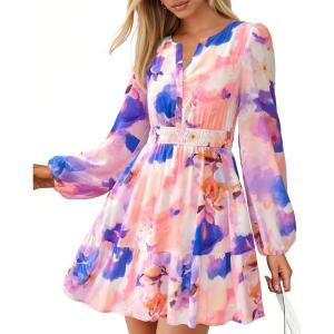 imageBTFBM Fall Dresses for Women 2025 V Neck Long Sleeve Elastic Waist Boho Beach Vacation Clothes Floral Mini Summer DressWatercolour Purple