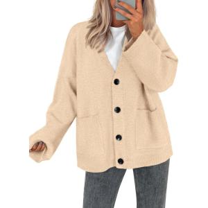imageBTFBM Fall Fashion 2025 Button Down Cardigan Sweaters for Women Trendy V Neck Long Sleeve Knit Winter Coat OuterwearBeige
