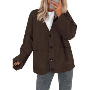 imageBTFBM Fall Fashion 2025 Button Down Cardigan Sweaters for Women Trendy V Neck Long Sleeve Knit Winter Coat OuterwearBrown