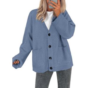 imageBTFBM Fall Fashion 2025 Button Down Cardigan Sweaters for Women Trendy V Neck Long Sleeve Knit Winter Coat OuterwearGrey Blue