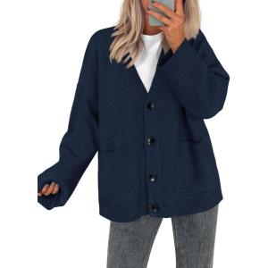 imageBTFBM Fall Fashion 2025 Button Down Cardigan Sweaters for Women Trendy V Neck Long Sleeve Knit Winter Coat OuterwearNavy Blue