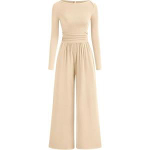 imageBTFBM Jumpsuits For Women Dressy Casual Fall Clothes 2025 Long Sleeve Knit Ruched Business Lounge Pants Rompers PocketsBeige