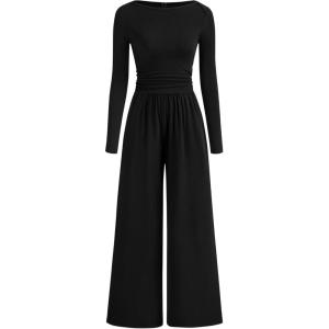 imageBTFBM Jumpsuits For Women Dressy Casual Fall Clothes 2025 Long Sleeve Knit Ruched Business Lounge Pants Rompers PocketsBlack