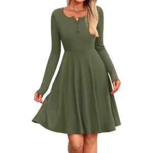 imageBTFBM Long Sleeve Dress for Women Casual Ribbed Knit Crew Neck Button Down Empire Waist A Line Flowy 2025 Fall DressesArmy Green