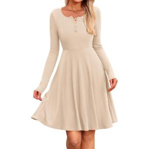 imageBTFBM Long Sleeve Dress for Women Casual Ribbed Knit Crew Neck Button Down Empire Waist A Line Flowy 2025 Fall DressesBeige