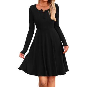 imageBTFBM Long Sleeve Dress for Women Casual Ribbed Knit Crew Neck Button Down Empire Waist A Line Flowy 2025 Fall DressesBlack