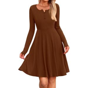 imageBTFBM Long Sleeve Dress for Women Casual Ribbed Knit Crew Neck Button Down Empire Waist A Line Flowy 2025 Fall DressesBrown