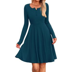 imageBTFBM Long Sleeve Dress for Women Casual Ribbed Knit Crew Neck Button Down Empire Waist A Line Flowy 2025 Fall DressesLake Blue