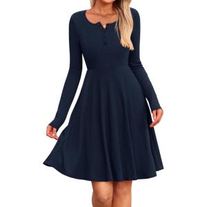 imageBTFBM Long Sleeve Dress for Women Casual Ribbed Knit Crew Neck Button Down Empire Waist A Line Flowy 2025 Fall DressesNavy
