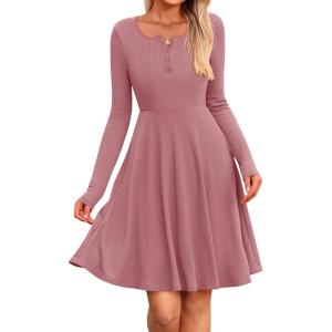 imageBTFBM Long Sleeve Dress for Women Casual Ribbed Knit Crew Neck Button Down Empire Waist A Line Flowy 2025 Fall DressesPink