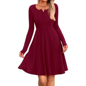 imageBTFBM Long Sleeve Dress for Women Casual Ribbed Knit Crew Neck Button Down Empire Waist A Line Flowy 2025 Fall DressesWine Red