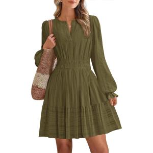 imageBTFBM Mini Dresses for Women 2025 Casual Lightweight Long Sleeve V Neck A Line Elastic Waist Party Holiday Dress PocketsArmy Green